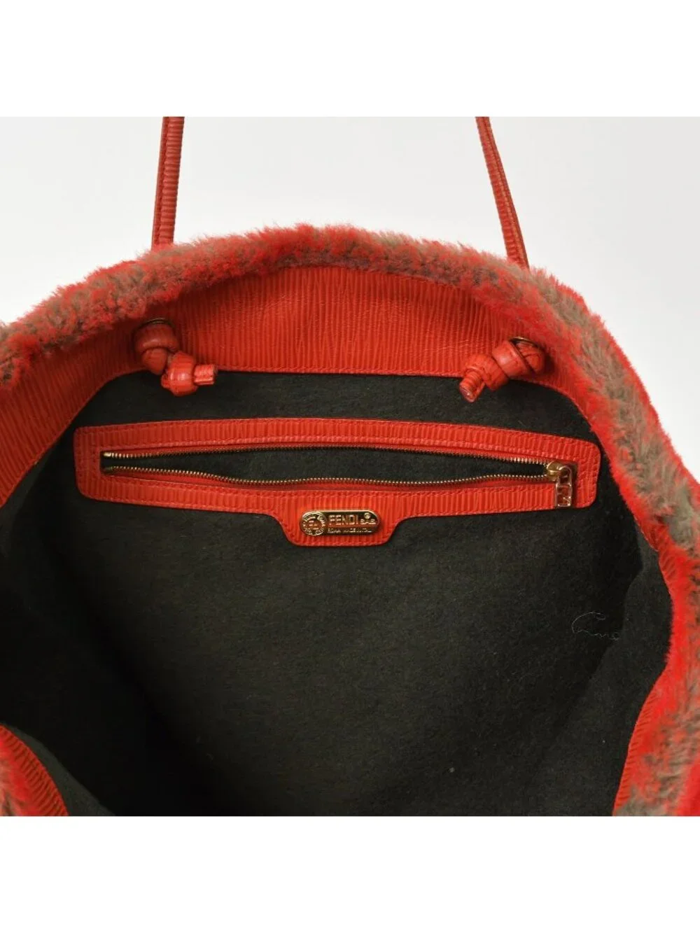 Fendi Tote Bag Rabbit Fur Leather Red Gold